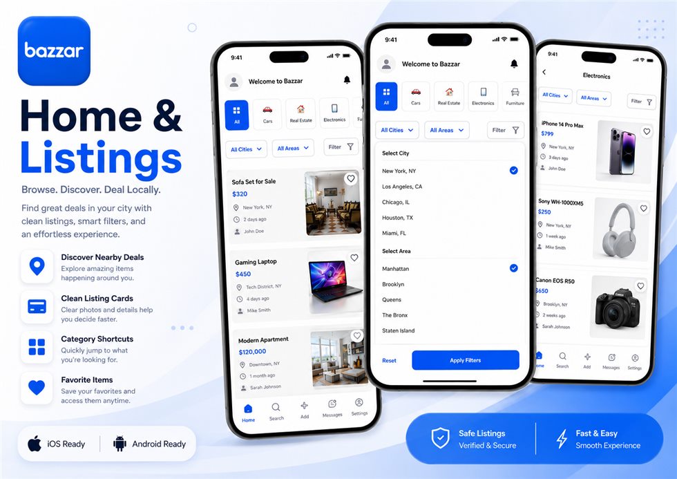 Bazaar home listings screens
