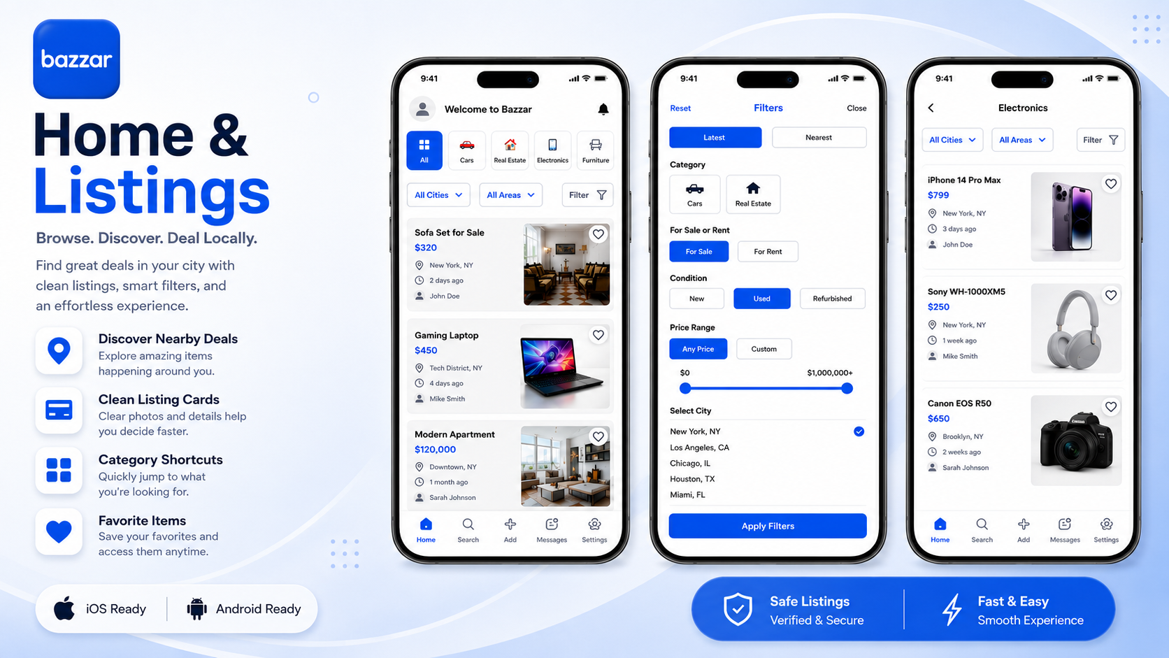 Bazaar home listings screens