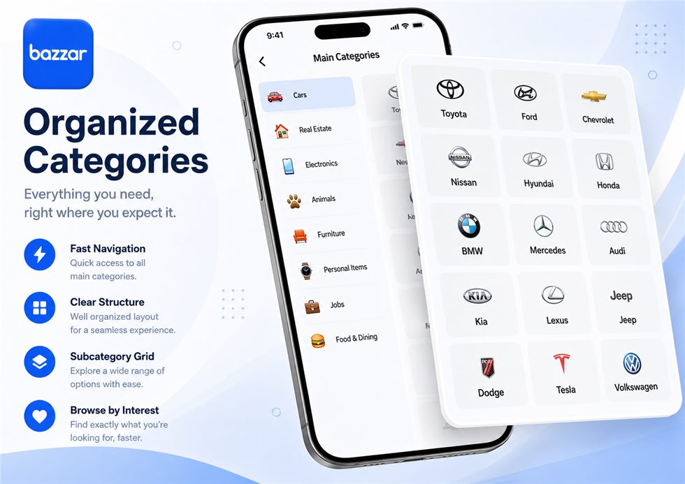 Bazaar organized categories screens