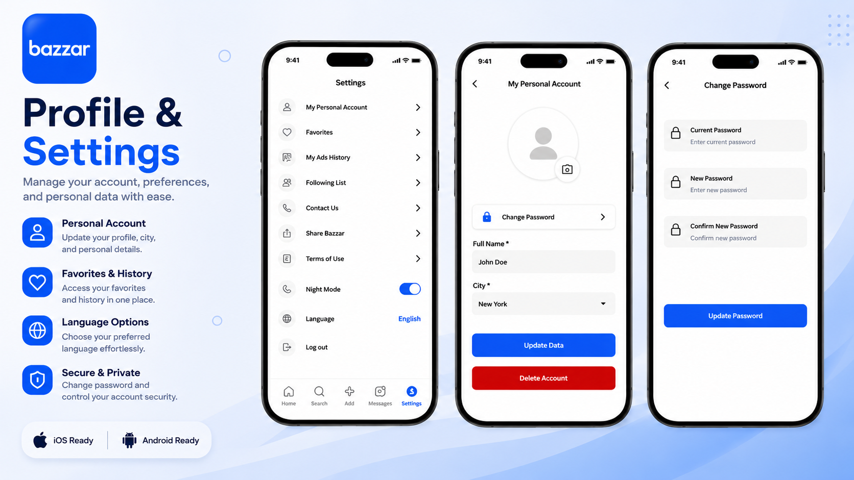 Bazaar profile settings screens